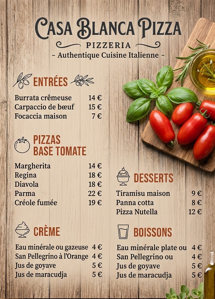 Carte de la pizzeria Casa Blanca Pizza