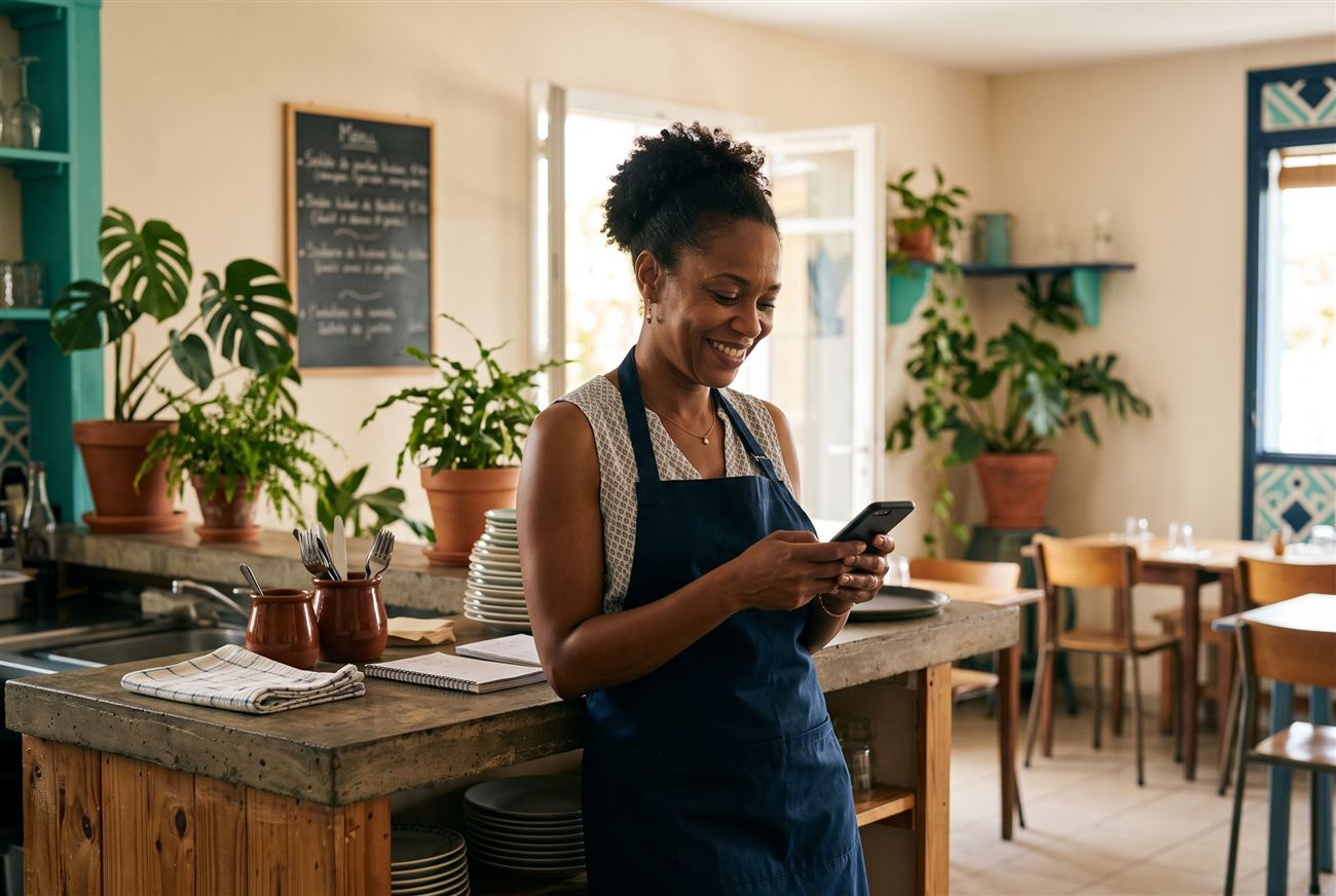 Une restauratrice consulte sur son téléphone les réservations prises par l'agent
